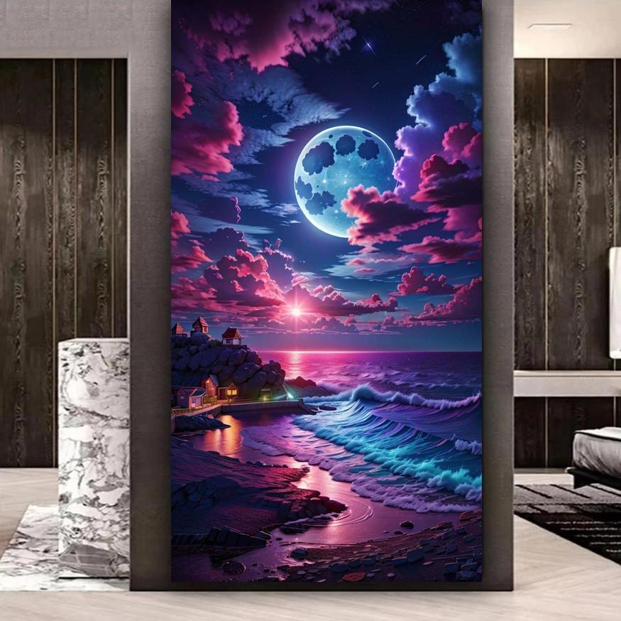 Full 5D DIY Diamond Painting "Comic Starry Sky and Sea Wooden House" Diamond Embroidery Full Width Cross Stitch Home Decoration Handmade Gift