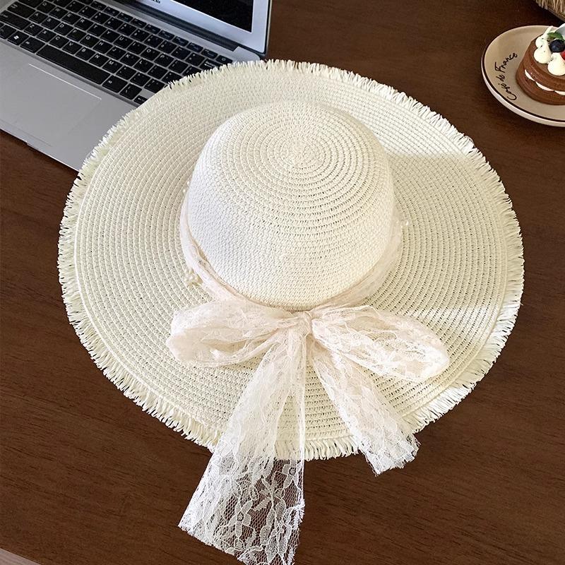 Lace Bow Straw Hat Women's Summer French Large Brim Sunscreen Hat Seaside Beach Vacation Sun Hat