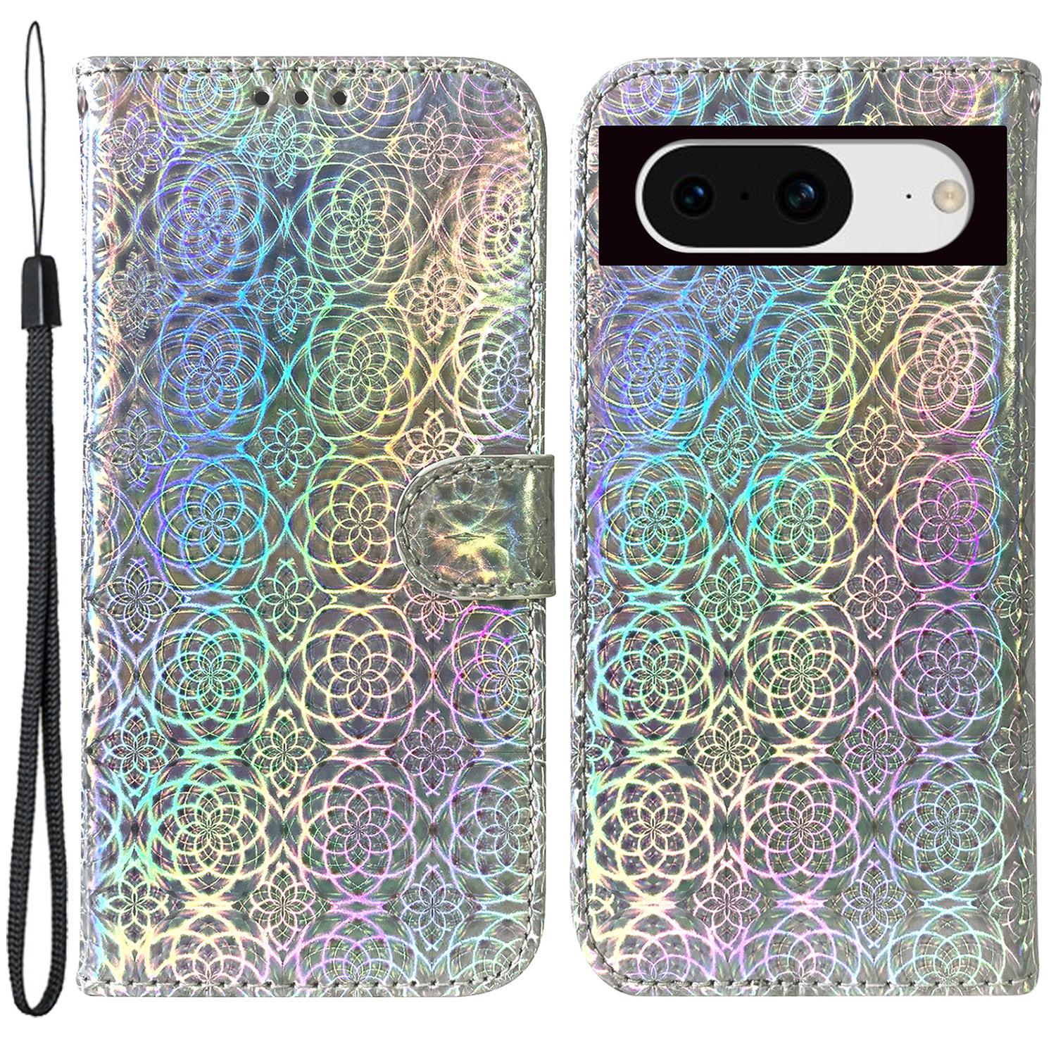 

For Google Pixel 8 Wallet Phone Case Dazzling Flower Pattern Stand Shockproof PU Leather Phone Cover Shell Grey
