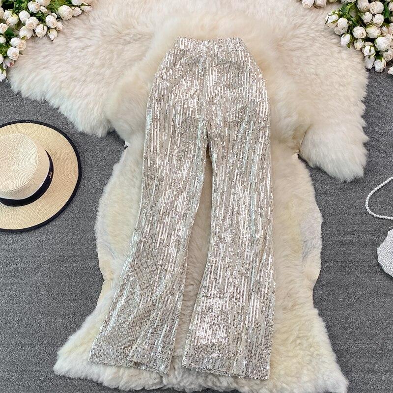 

Новые осенне-зимние повседневные брюки с эластичной талией, высокой посадкой, облегающие, универсальные, с пайетками, широкими штанинами, облегающие, прямые One Size