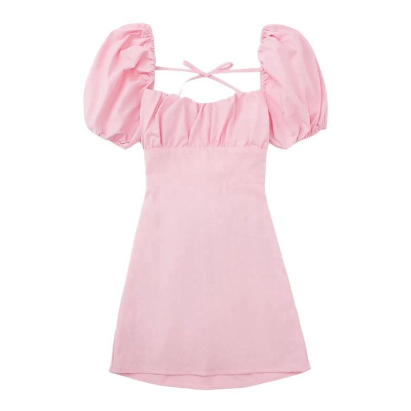 

2024 Лето Женское Белое Платье С Открытой Спиной Буф Короткий Рукав Дамский Сарафан Мини Платье XL розовый