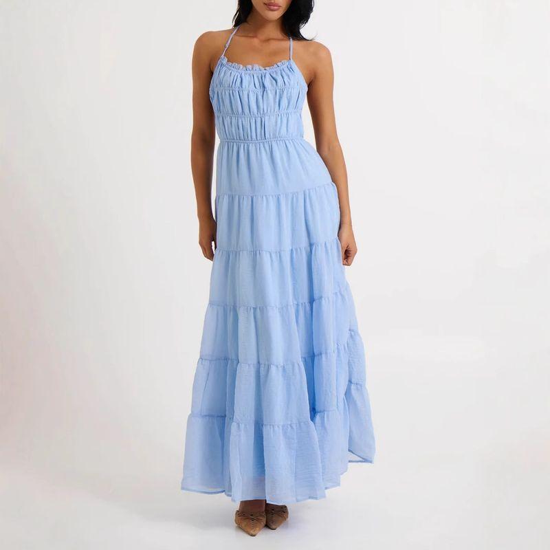 

Cross-Border European and American Foreign Trade Women clothes 2025 Spring Summer Amazon Vacation Casual Sexy Hanging Neck Lace-up Dress Women Blue XL