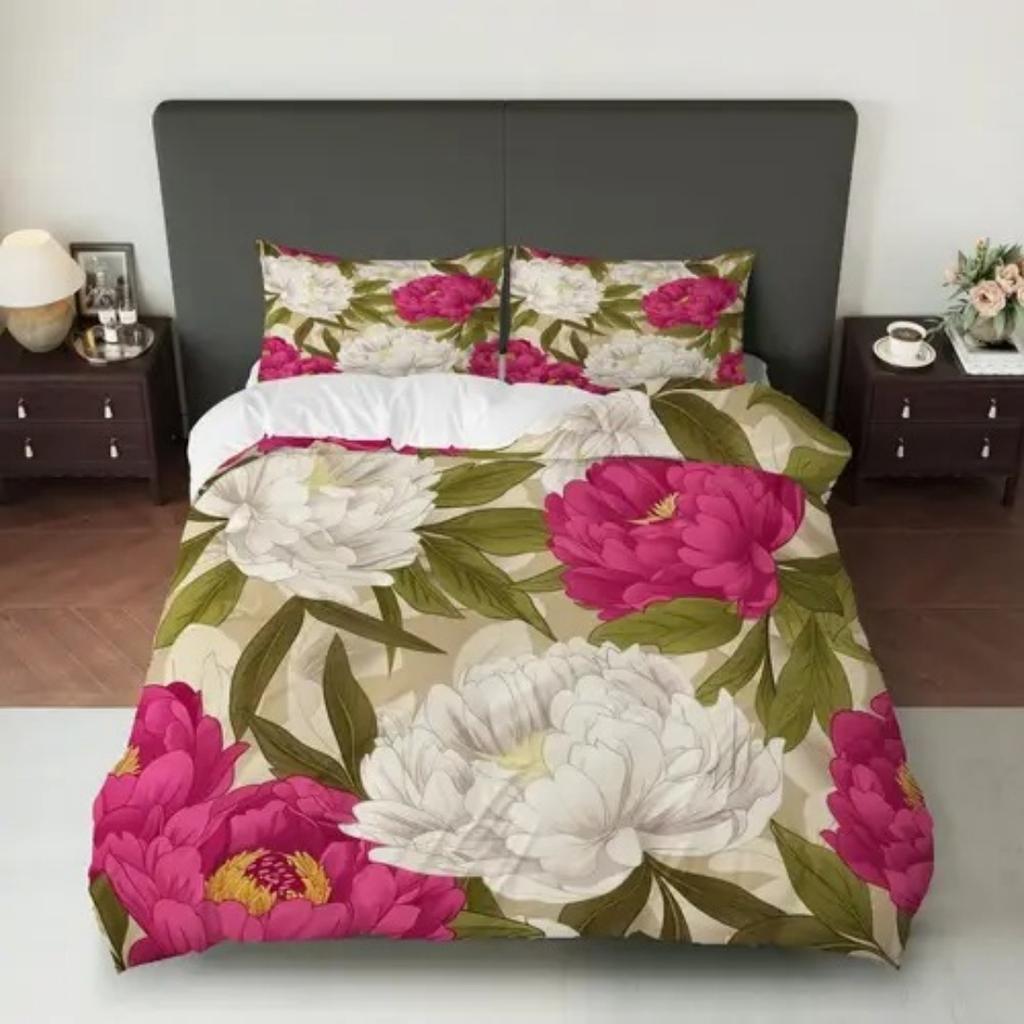 High-End Premium Pink Peony Patern Soft Duvet Cover Quen Sized Dimensions Colorful Floral Set Pink Background Botanical Flowers Peony Beding Set 3 Pcs