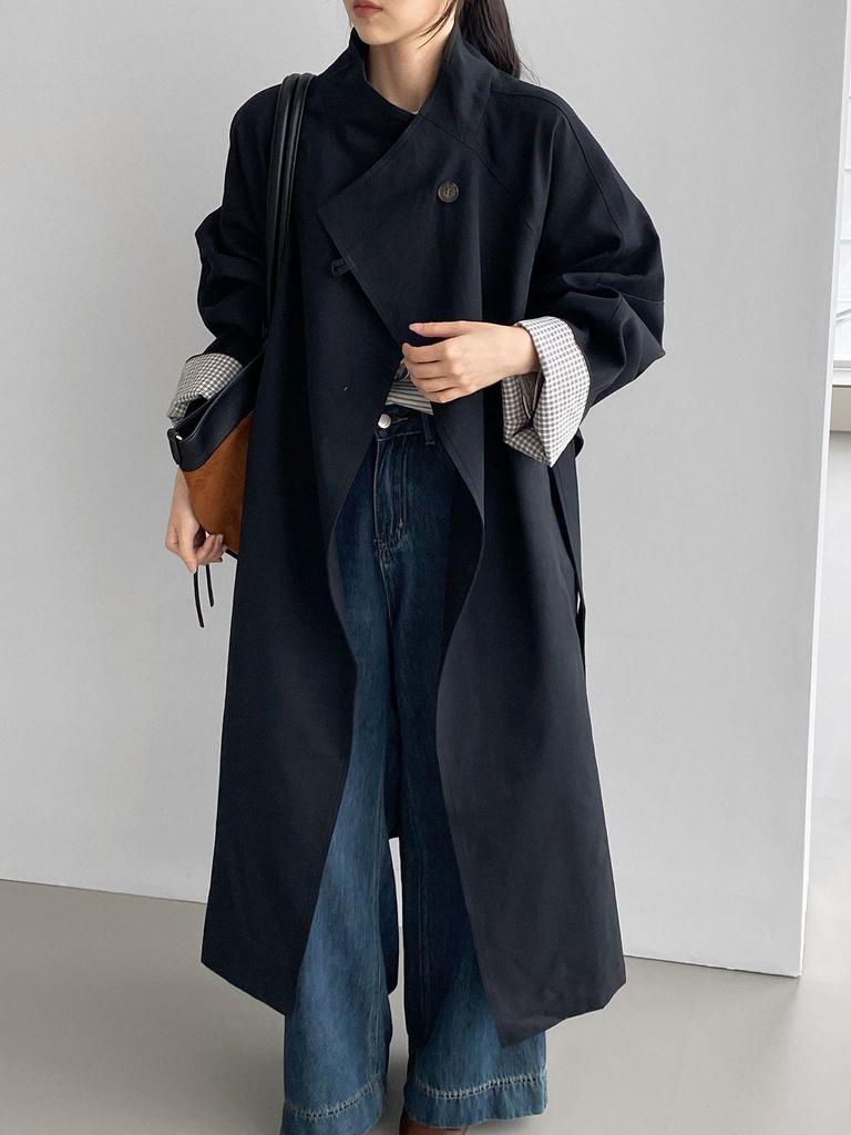 Women's High-End Korean British Retro Trench Coat: Stand-Up Collar, Waist-Cinching, Loose Fit, Mid-Length (5052-1)
