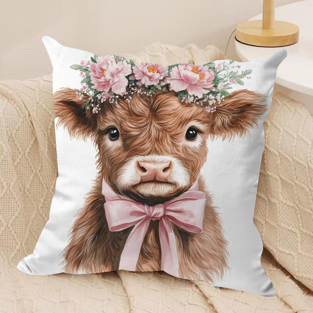 Capa de Almofada Vaca das Terras Altas e Flor Tecido de Pelúcia Macio Capas de Almofada Impressas em Ambos os Lados para Todas as Estações Decoração de Casa