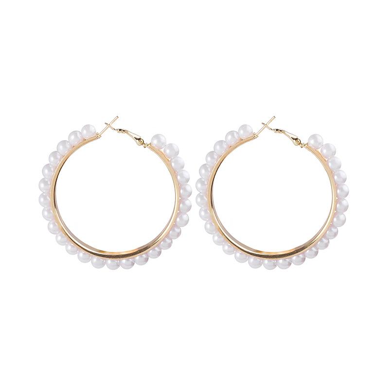 Design Geometric Round Spiral Pearl Earrings, Exaggerated Atmosphere Fashion Rice Bead Circle Earrings