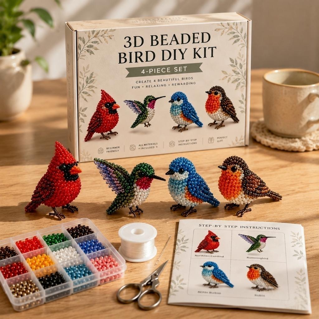 3D Beaded Bird DIY Kit 4-Piece Set Includes Beads Wire Scissors and Step-by-Step Instructions for Crafting Detailed Bird Models