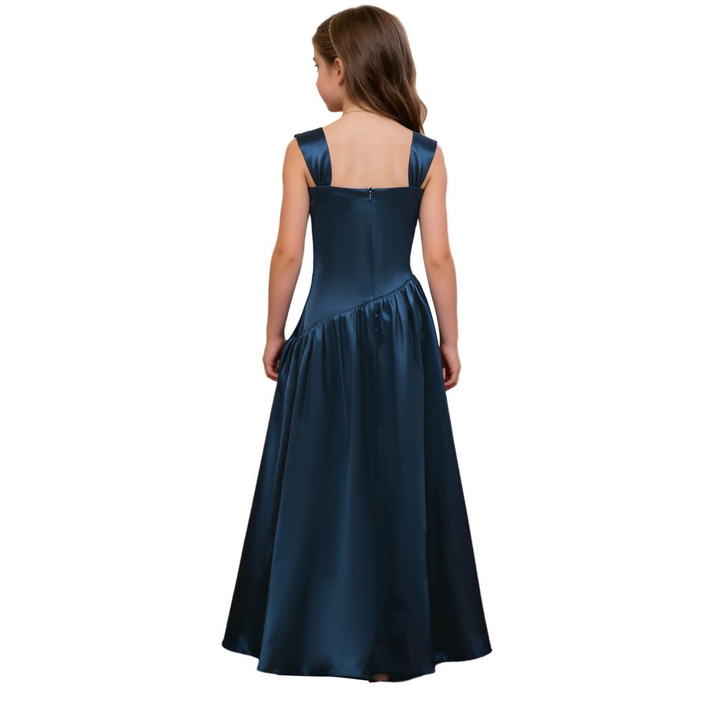 Robe de Soirée Satinée Fleurie pour Fille Sans Manches Corsage Froncé Taille Basse Asymétrique Robe Coupe A Ligne Fente Latérale pour Mariage Baptême