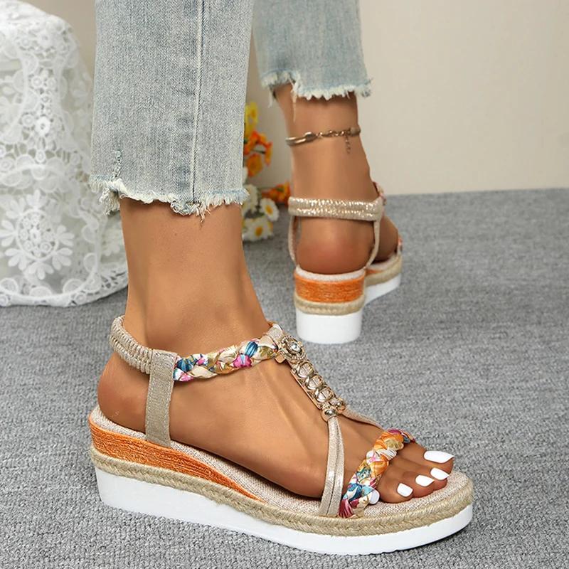 Fashion Fashion T-Strap Platform Sandals for Women New Mix Color Elastic Band Wedge Sandals Woman Summer Daily Open Toe Sandalias Female