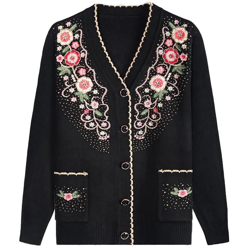 Damen Frühling Herbst Lässig V-Ausschnitt Langarm Jacke Damen Strickpullover Mittelalterlich und Älter Elegant Strickjacke Jacke