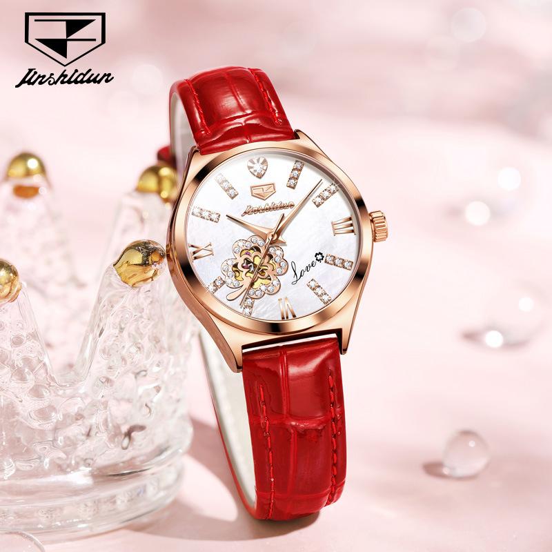 JINSHIDUN Brand Fashion Hollow Inlaid Diamond Four-leaf Clover Mechanical Watch Waterproof Women's Watch