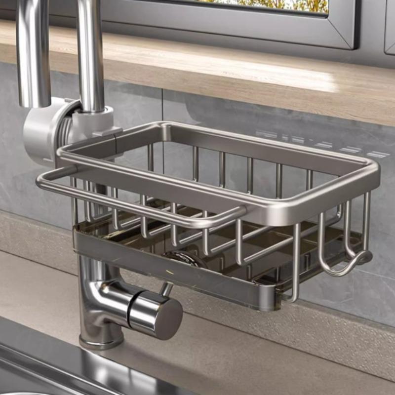 1PC Kitchen Space Aluminum Sink Drain Rack Sponge Storage Faucet Holder Soap Drainer Pan Basket Organizer Bathroom Accessories