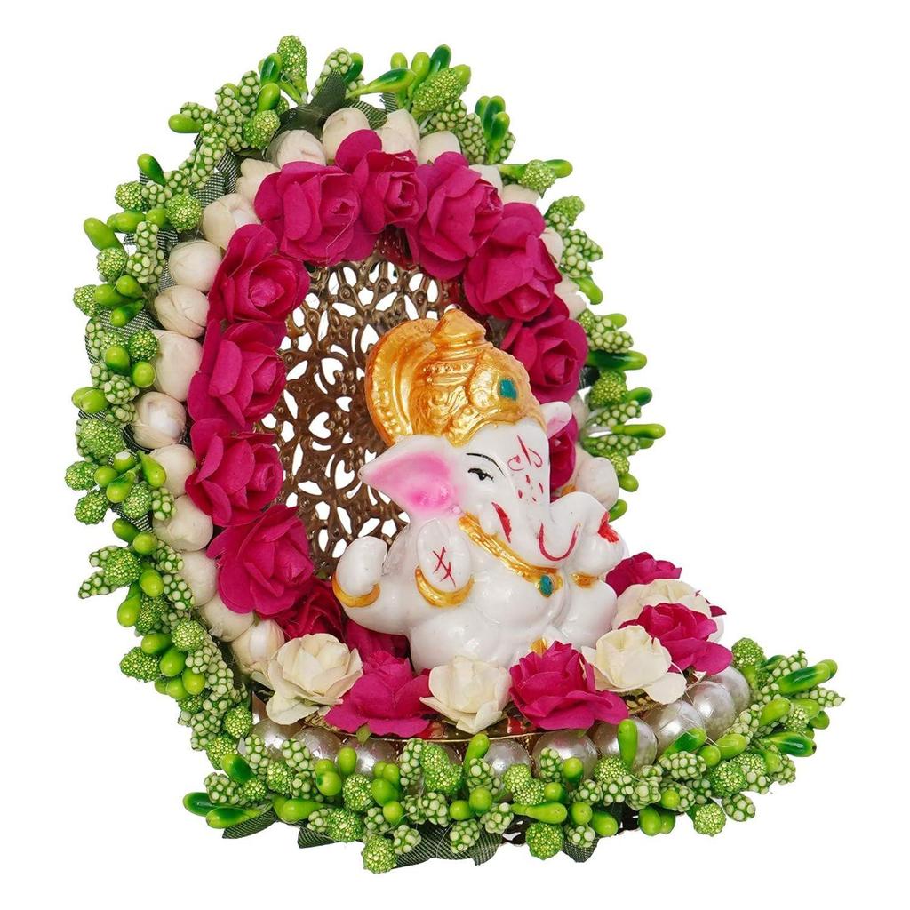 Resin Lord Ganesha Idol On Decorative Green Pink Floral Plate| Ganesha Idol for Home Decor Car Dashboard| Ganesha Statue