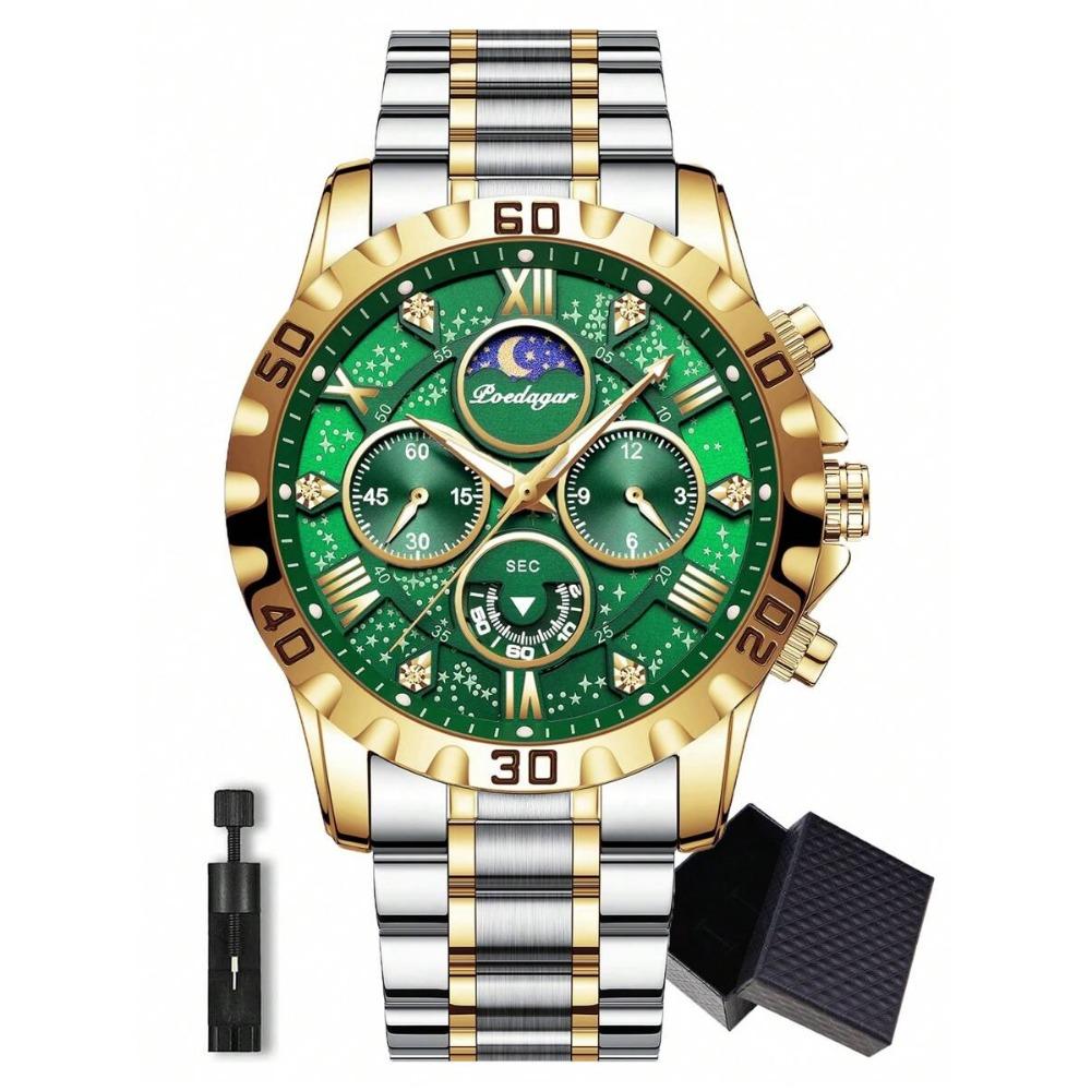 POEDAGAR 1 pz Orologio Sportivo da Uomo, Cronografo Impermeabile, Orologio al Quarzo di Lusso in Acciaio Inossidabile Luminoso con Scatola Regalo