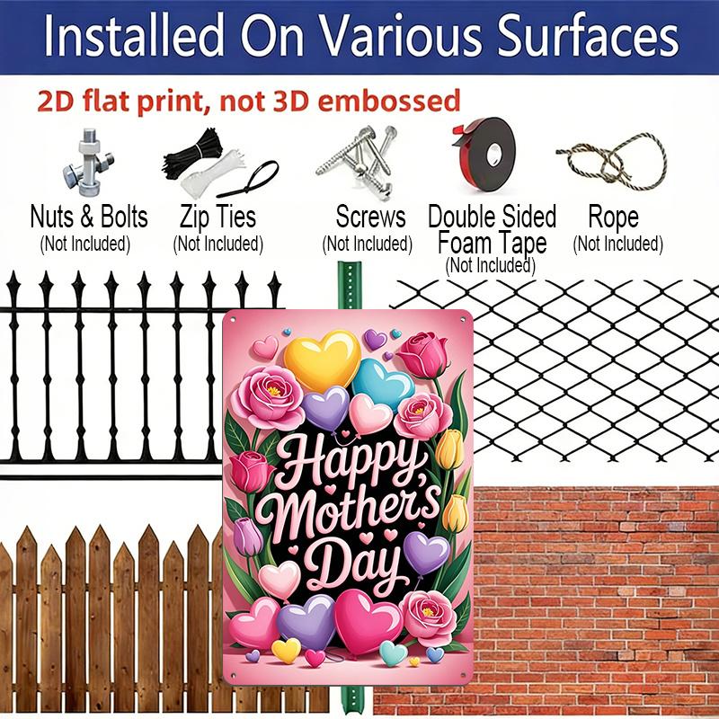 2D Flat, 1pc Heart Balloon Floral Mother's Day Metal Wall Art Sign "Happy Mother's Day" - 8*12 Inch Aluminium Rustic Home Decor, Cute Wall Art, Sweet