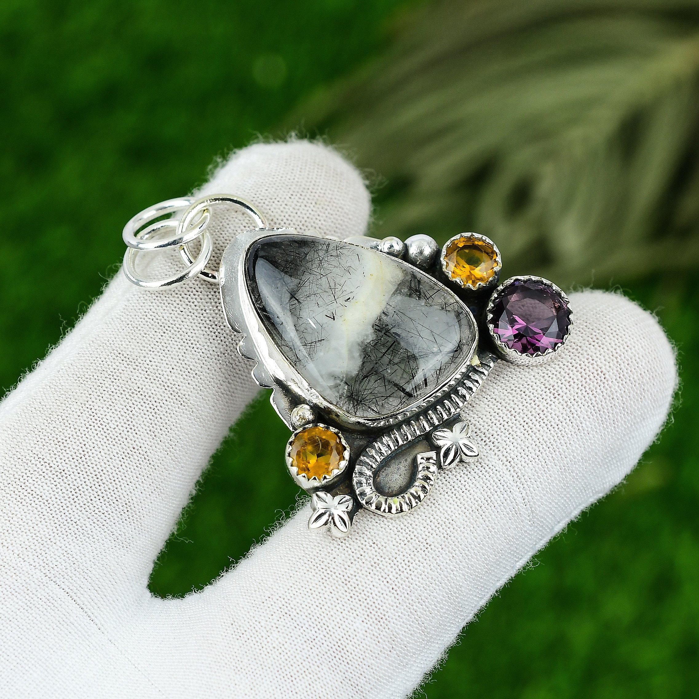 

Сделка ко Дню женщин Черный рутиловый драгоценный камень Аметист Модный кулон для мамы Серебро 925 пробы