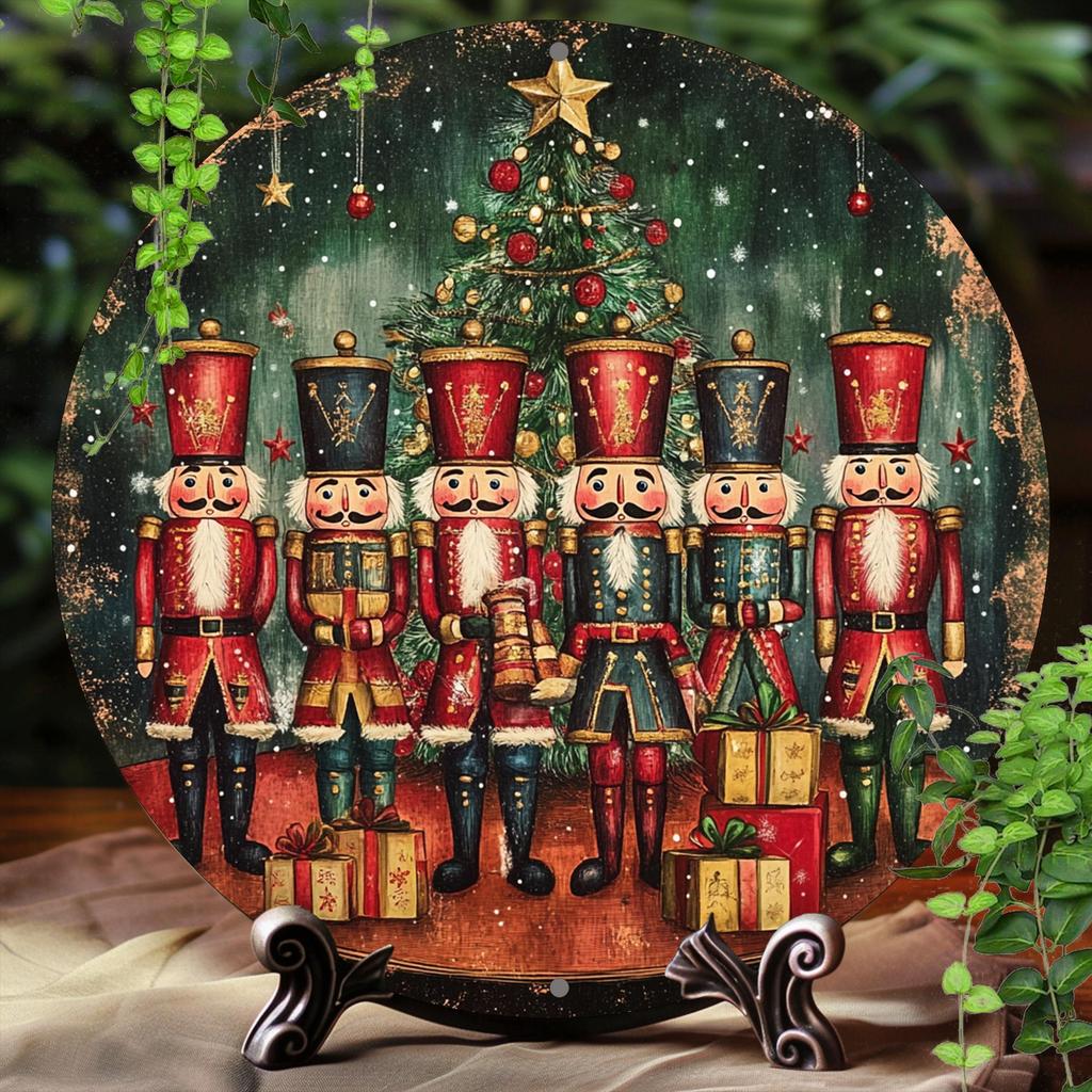 Vintage Christmas Nutcracker Soldiers with Tree Round Metal Tin Sign D Flat Printing Wall Plaque For Holiday Home Decor