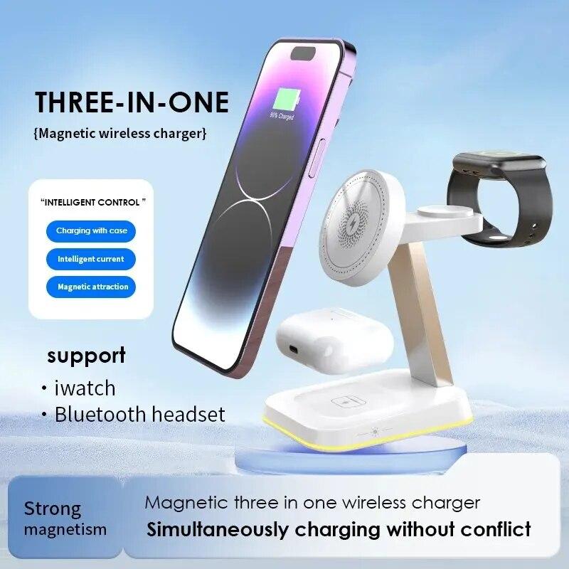 3 In 1 Wireless Charger Stand Pad LED Light 15W Fast Charging Station Dock for Macsafe iPhone 15 14 13 12 Pro Max IWatch 9 8 7 6