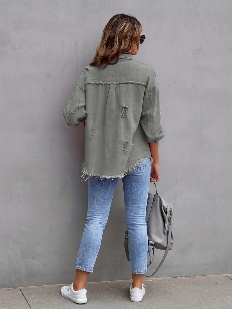 Women's Solid Color Ripped Denim Shirt - Long Sleeve, Loose Fit Bestseller