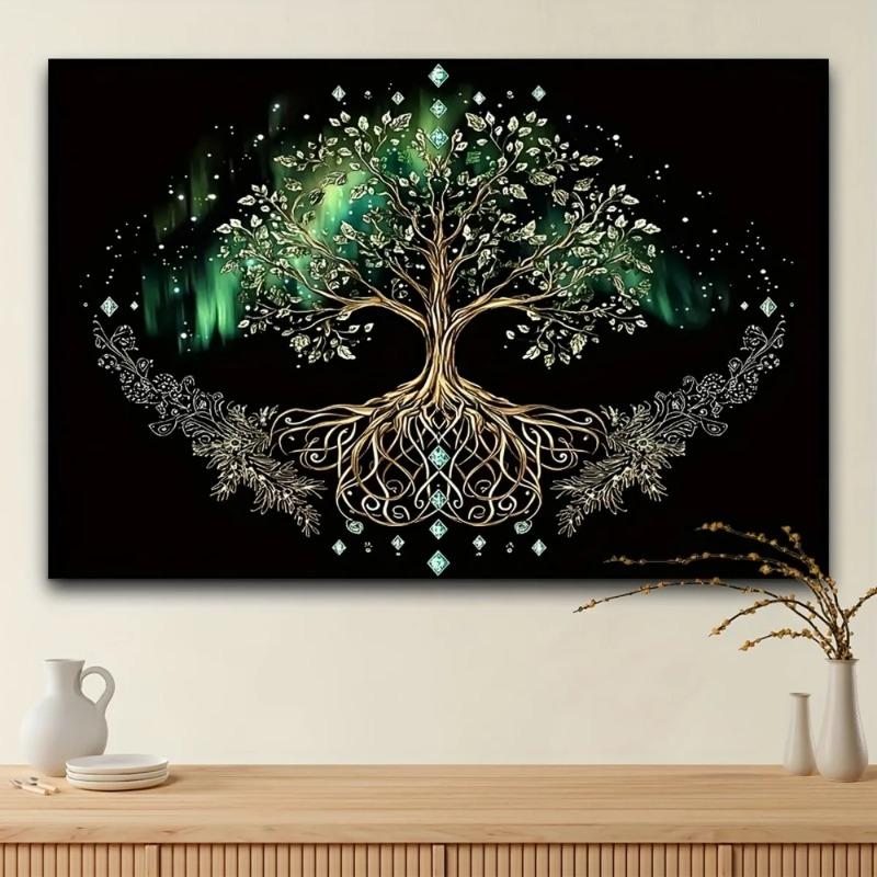 1  Mandala l Árbol  la Vida con Luna y Estrellas - Elegante y Dorado, Colgante Espiritual para Pared, Vibrante Tela