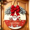 Indoor Outdoor Porch Ornament Christmas Wooden Welcome Sign for Front Door, Round Hanging with Handmade Craft Artificial Pine Branches & Bow