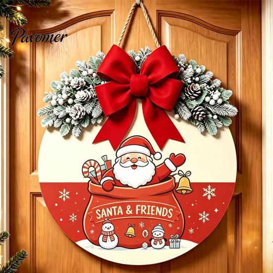 Indoor Outdoor Porch Ornament Christmas Wooden Welcome Sign for Front Door, Round Hanging with Handmade Craft Artificial Pine Branches & Bow