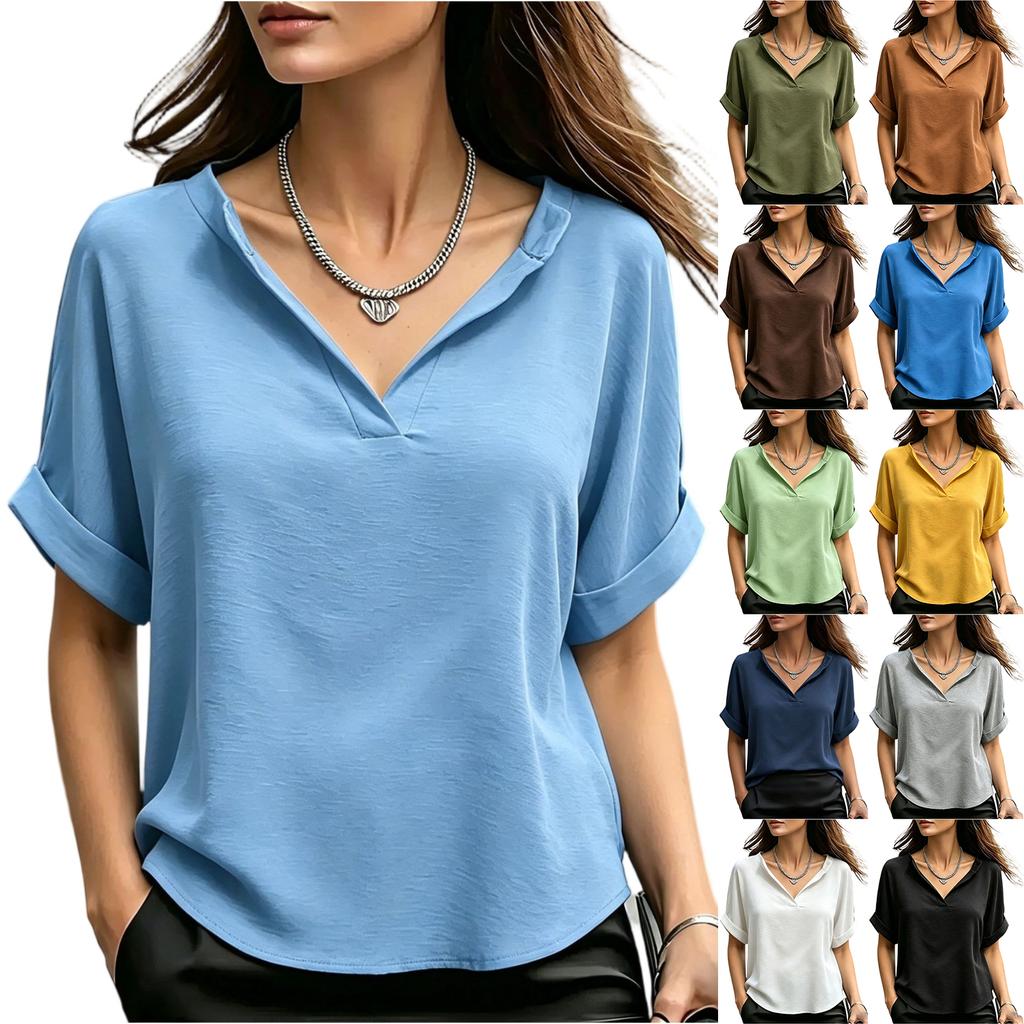 Women V Neck Short Sleeve Loose Fit T Shirt Casual Basic Lightweight Blouse with Rolled Cuffs for Daily Wear Work Travel