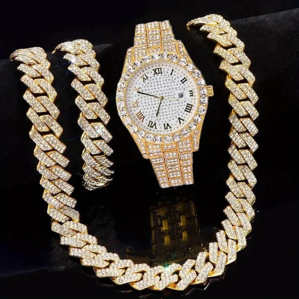 Men's Hip Hop Trendy Fashion Large Dial Diamond Cuban Chain Watch Set