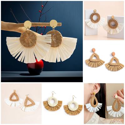 Handgeweven Geometrische Rotan Raffia Oorbellen, Retro Resort Waaiervormige Stud Oorbellen, Oorbellen Voor Vrouwen