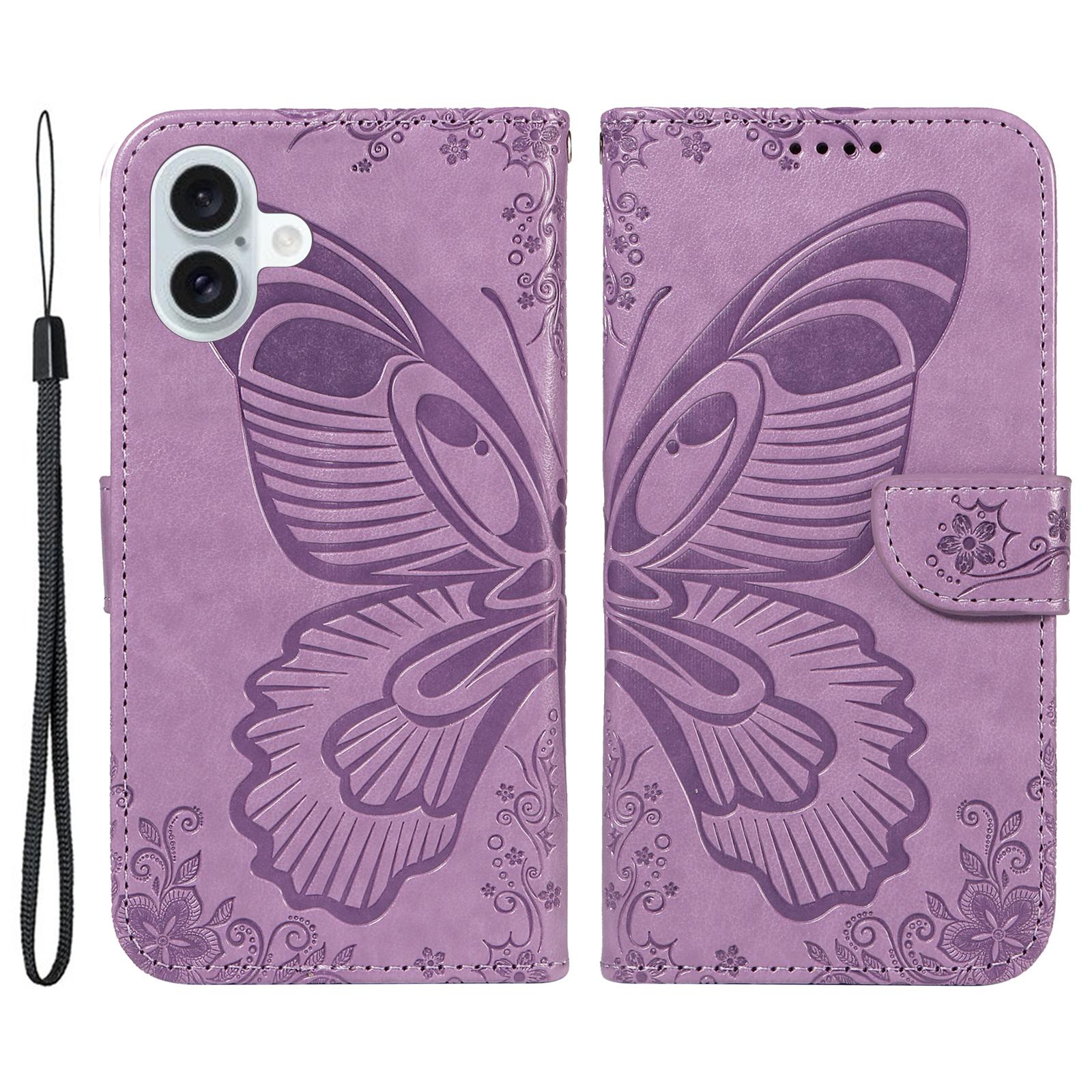 

For iPhone 16 Plus Leather Case Butterfly Pattern Wallet Card Slots Phone Cover Light Purple