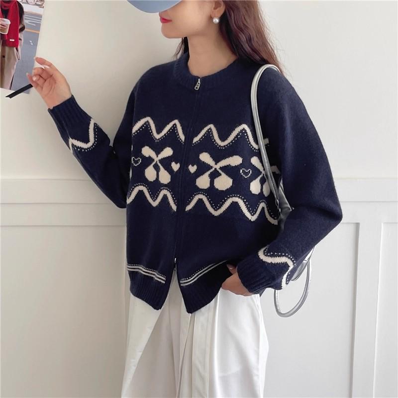 

2025 Autumn Women s Red Jacquard Zip-Up Knit Cardigan Medium темно-синий