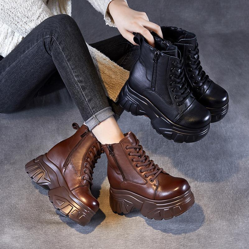 Herbst und Winter neue Plateau Martin Stiefel Damen Leder Britischer Stil klein retro braun Innenhöhe Erhöhung kurze Lederstiefel