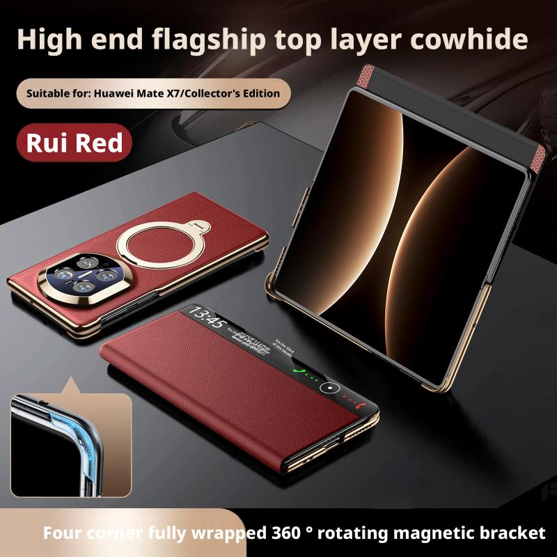 Premium Genuine Leather Magnetic Case For Huawei Mate X7 X6 X5 Smart Touch View No Flip For Answering Rotating Bracket Cover