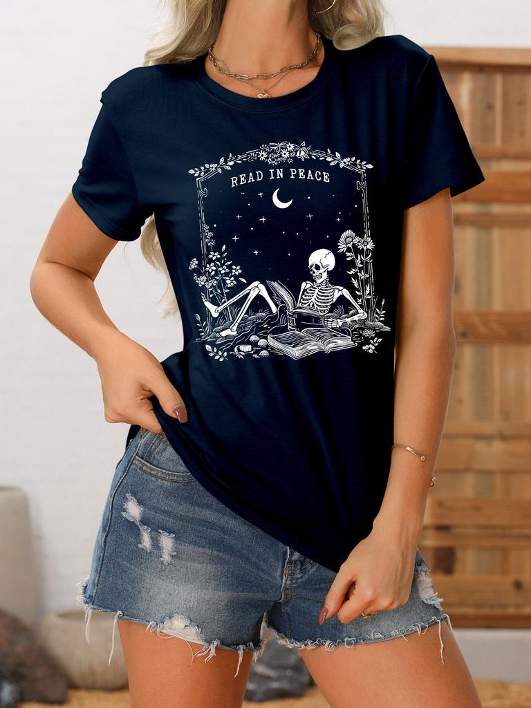 Summer new crewneck Womens casual Tshirt read in peace skull print loose shortsleeved fashion top with all the trend pullove