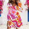 Women Plus Size V Neck Long Sleeve Floral Printed White A Line Dress