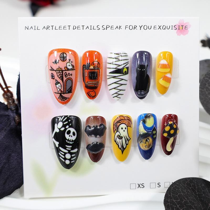 Halloween 3d Embossed Bat Ghost Skull Press On Nails For Women