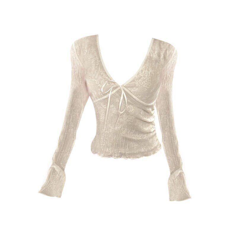 

Retro V-neck Lace Shirt Waist-Tight Slim Looking Bows Daidaimi [High Quality Plus Velvet] S