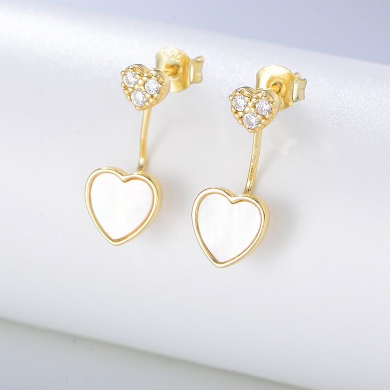 Heart Shape Mother Of Pearl Earrings With Zirconia Studs Sterling Women Elegant Sweet Fashion Jewelry Gold