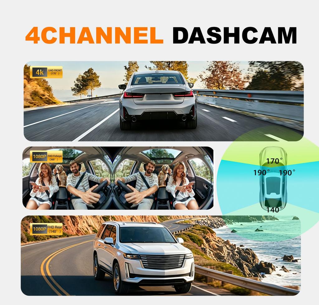 4K 360° Quad HD Dash Cam, Night Vision, WiFi, 4 Lenses, Rear Backup Camera