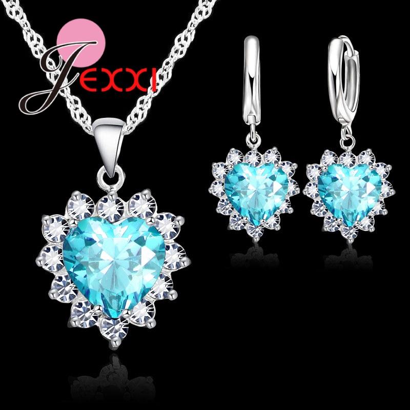 

Trendy Heart Austrian Crystal 925 Sterling Silver Pendant Necklaces Earrings Set For Women Wedding Bridal Jewelry Sets озеро синий