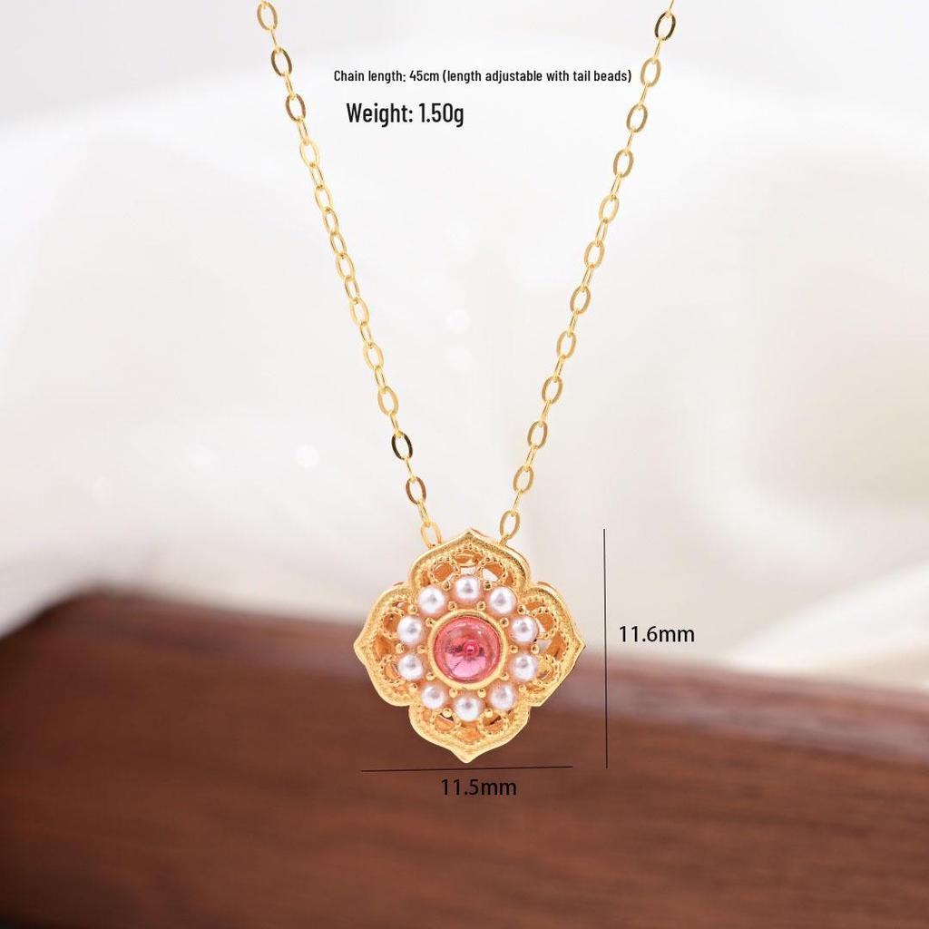 S925 Sterling Silver Chinese Butterfly Fu Necklace with Gem and Pearl Inlay