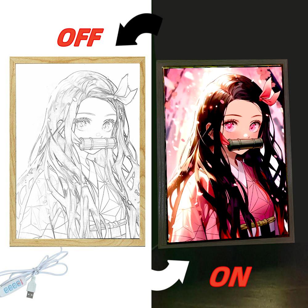 Anime Demon Slayer Action Figures Light Painting Photo Frame Tanjirou Nezuko Led Night Figurine Kimetsu No Yaiba Gifts Poseable Articulated Scale