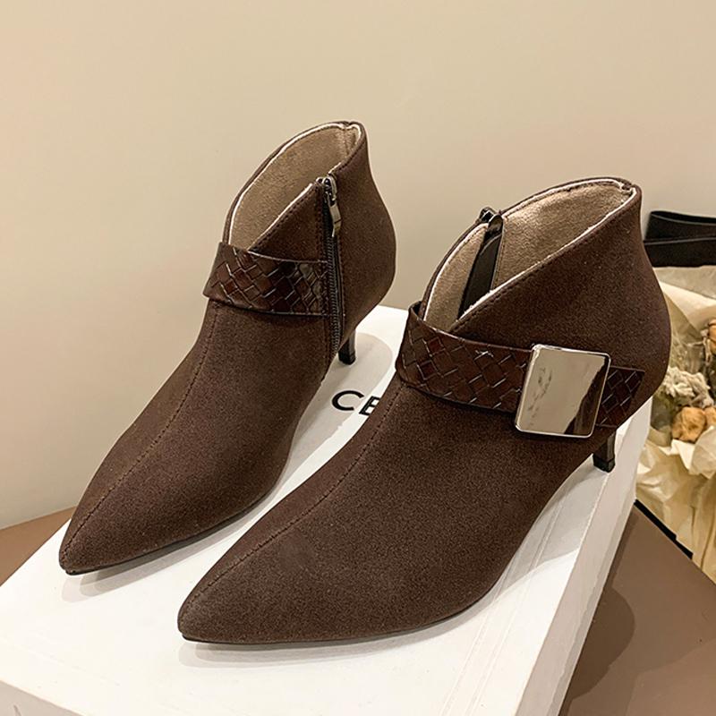 

Женские ботильоны из замши с острым носком на среднем каблуке, сексуальная обувь 2025 года, модные туфли-лодочки в готическом стиле, зимние дизайнерские туфли Chelsea Botas De Mujer 35