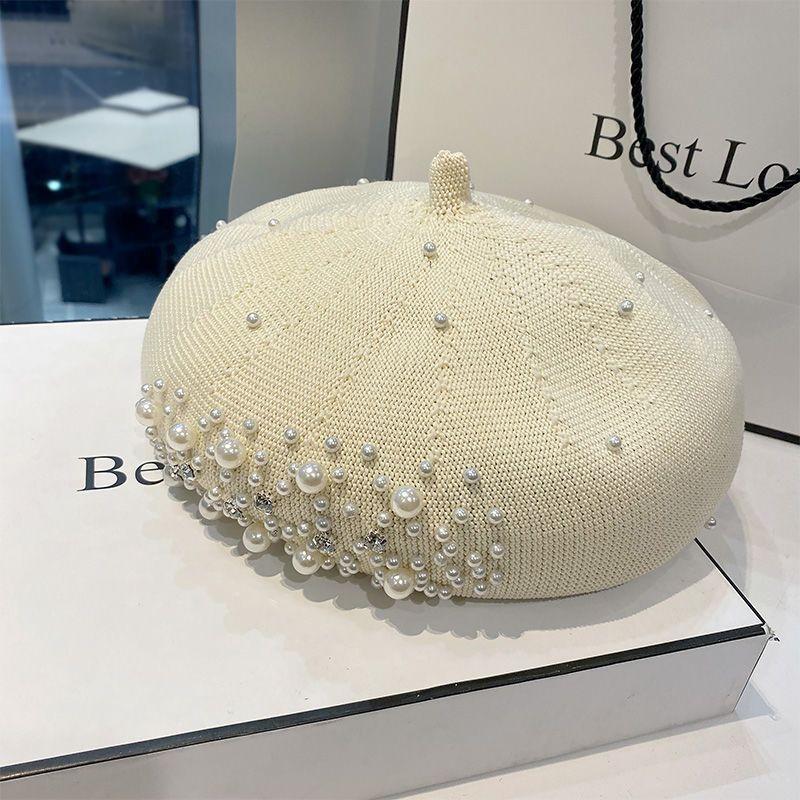 

Зимний шерстяной берет со стразами и жемчугом, женская элегантная кепка, осенне-весенняя шапка, женская однотонная кепка во французском стиле one size белый