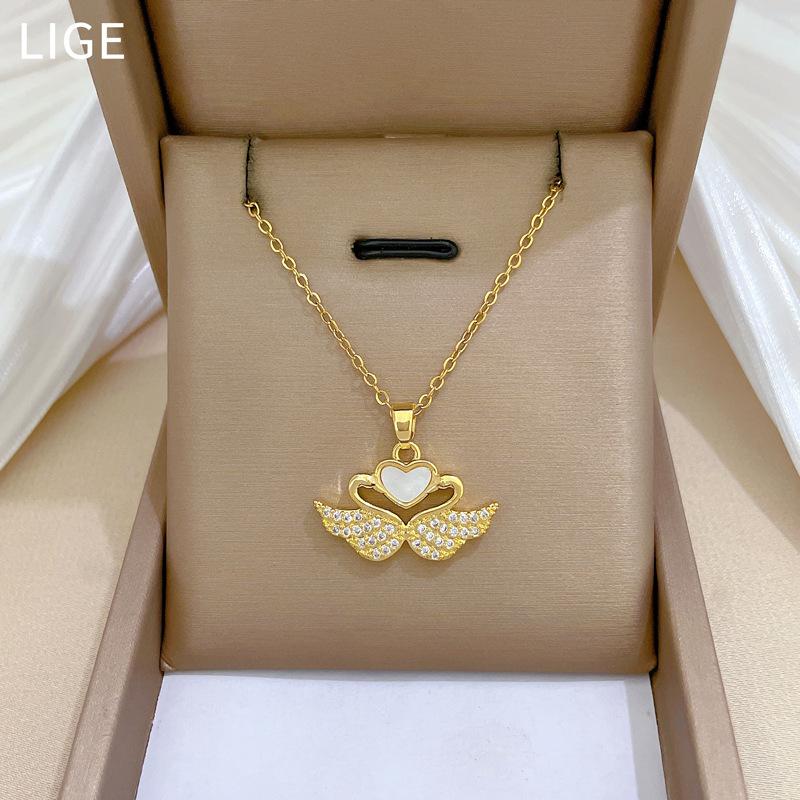 Shell Mandarin Duck Full Diamond Light Luxury Temperament Gorgeous Full Diamond Necklace Female Versatile Collarbone Chain Titanium Steel Chain