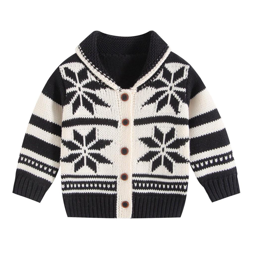 Unisex Baby Jacquard Color Block Lapel Cardigan: Thickened Knitted Outerwear for Infants and Toddlers