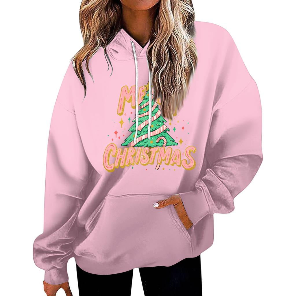 Damen Casual Mode Weihnachten Bedruckte Buchstaben Lässiges Kapuzensweatshirt mit Taschen