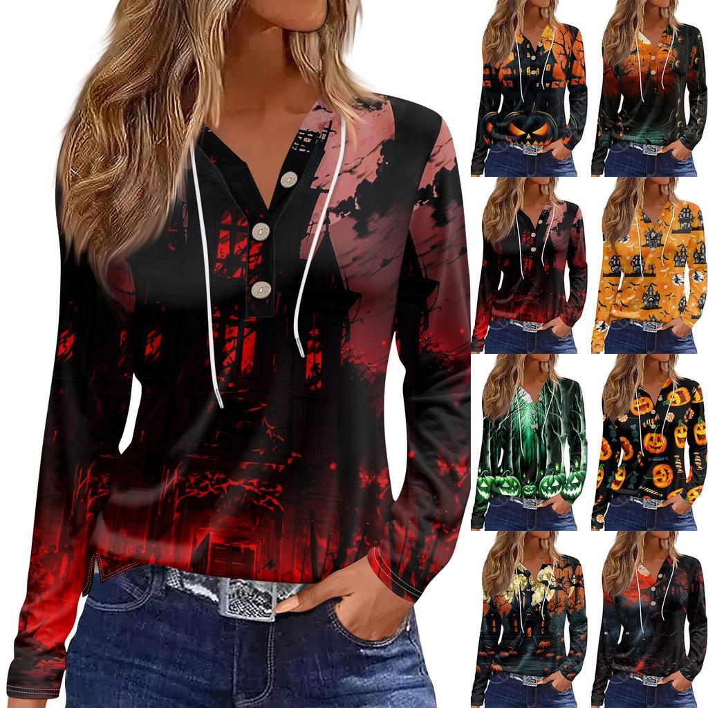 Damemote Uformelt Halloween-trykt hettegenser dekorert med knapp Langermet T-skjorteskjorte