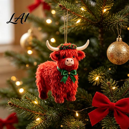 Lightweight Gifts for Friends Family Highland Yak Ornament Christmas Tree Hanging Decor Cute 2D Flat Compact Decorations Acrylic Pendant with