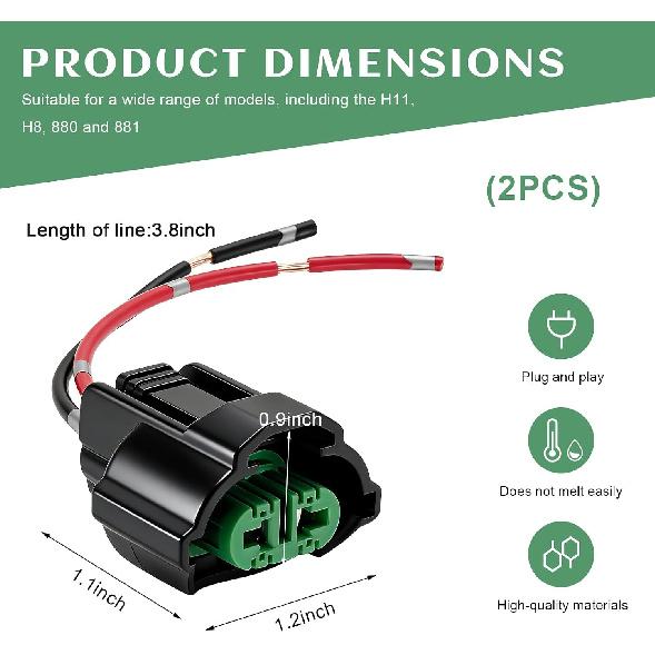 2 PCS H8 H11 880 881 Female Adapters, Car Headlight Wiring Harness Sockets Fog Light Connector Pigtails, Headlights & Fog Lights Pigtail Connector